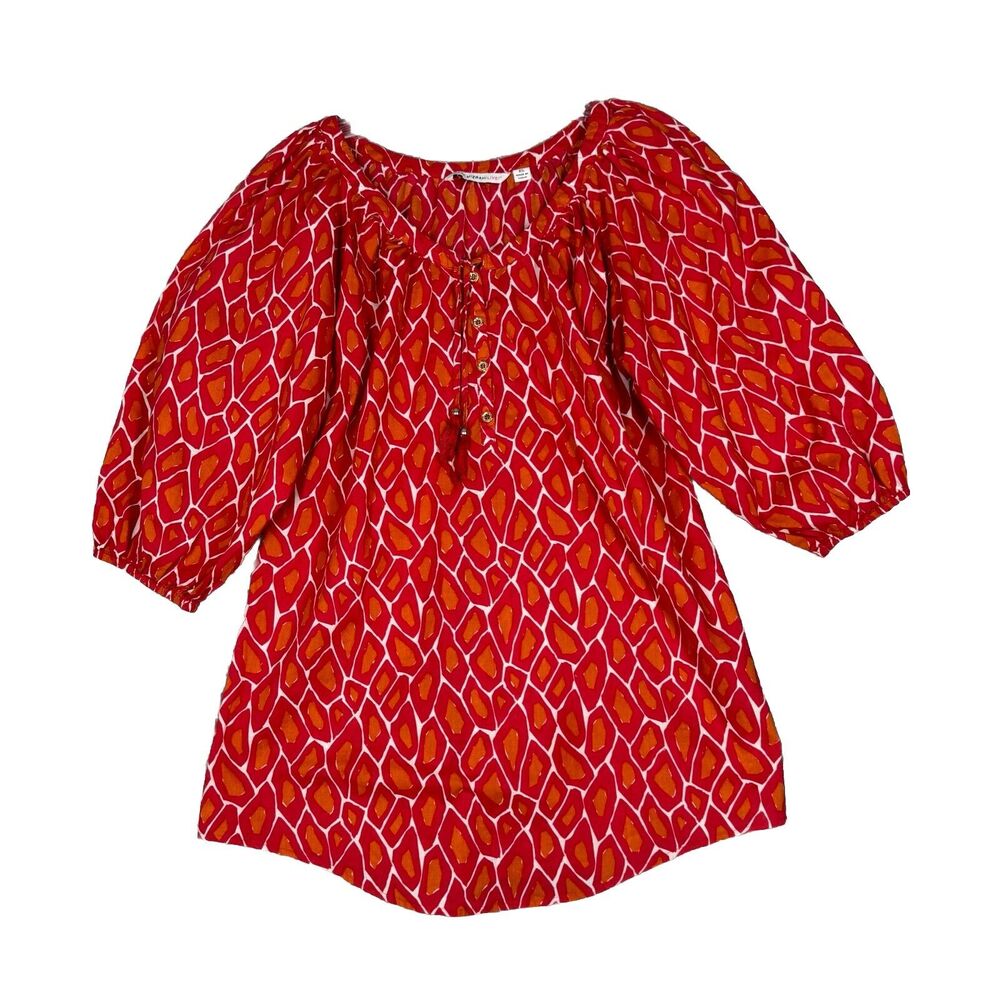 Isaac Mizrahi Live Shirt Womens XS Orange Red Geometric Casual Bohemian Peasant‎